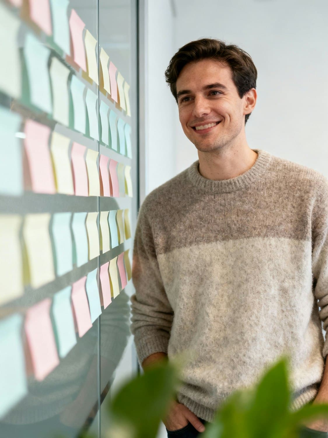 A man reviewing colorful sticky notes on a glass wall