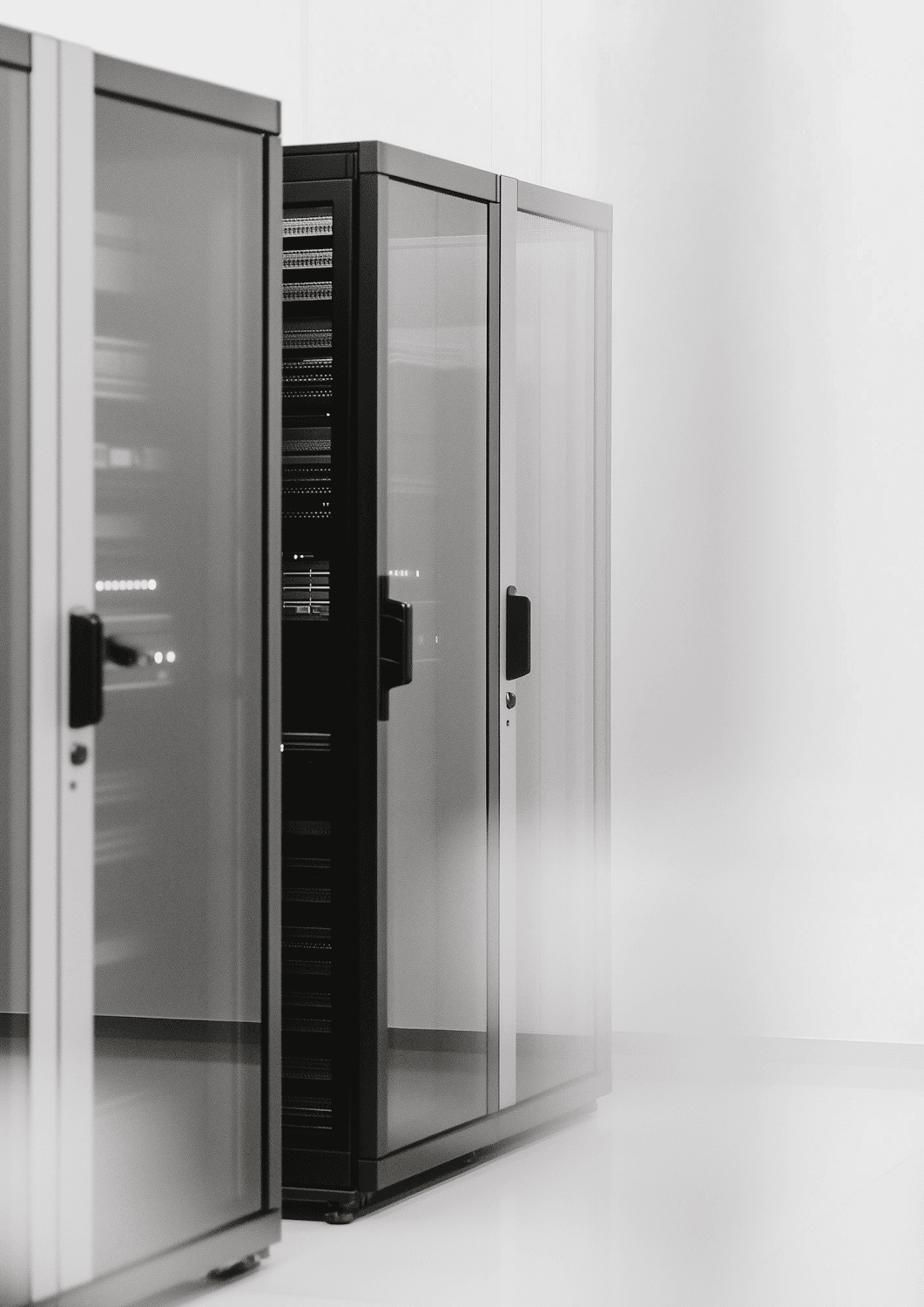 Rows of glass-fronted server racks in a bright data center