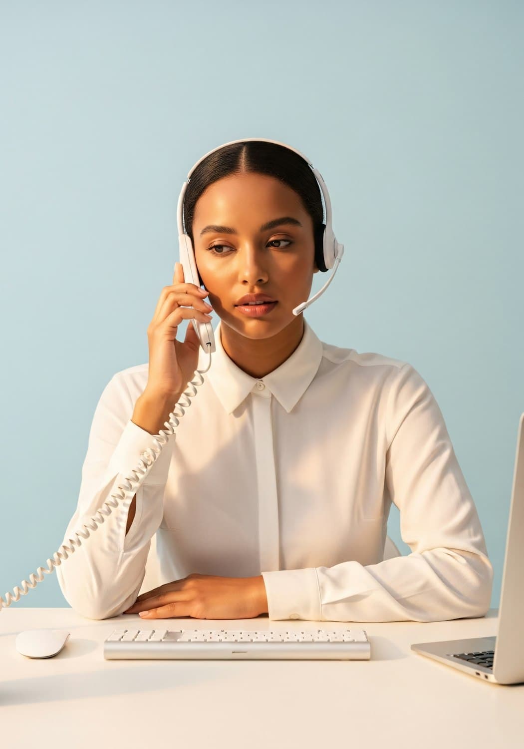 Support agent wearing a headset at a desk