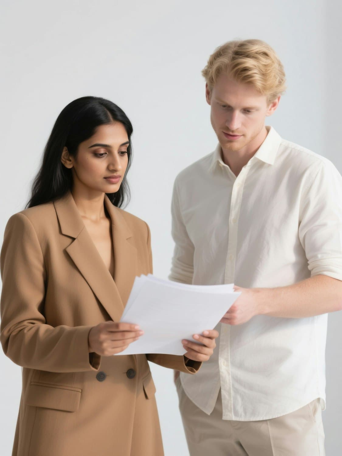 Two professionals reviewing printed documents together