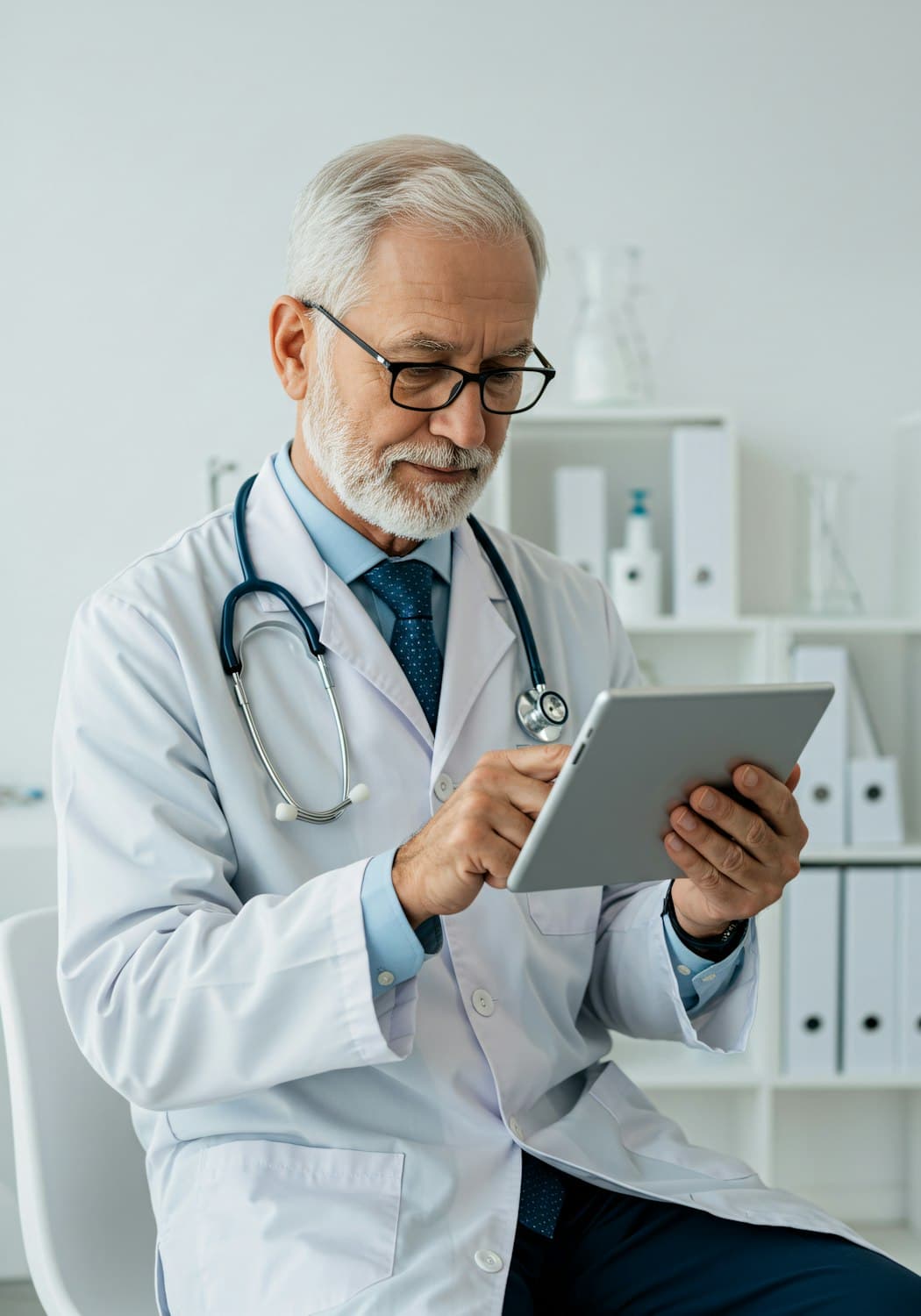 Doctor using a tablet in a modern clinic