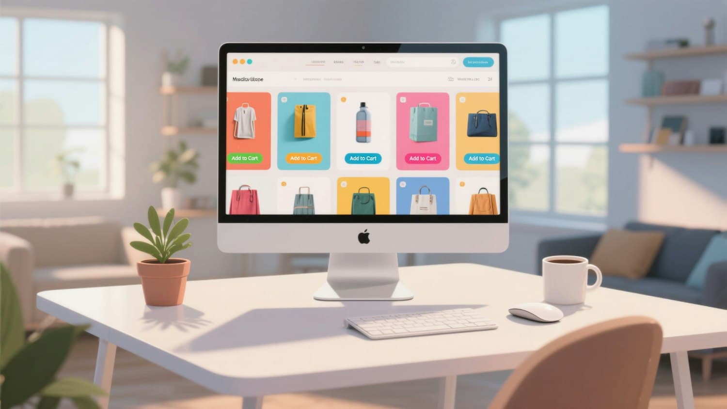 Online store open on a desktop computer in a bright home office