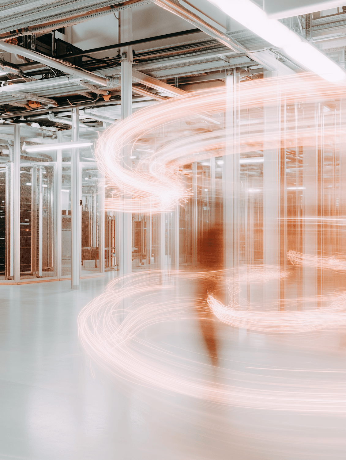 Operations floor lit by streaks of moving light